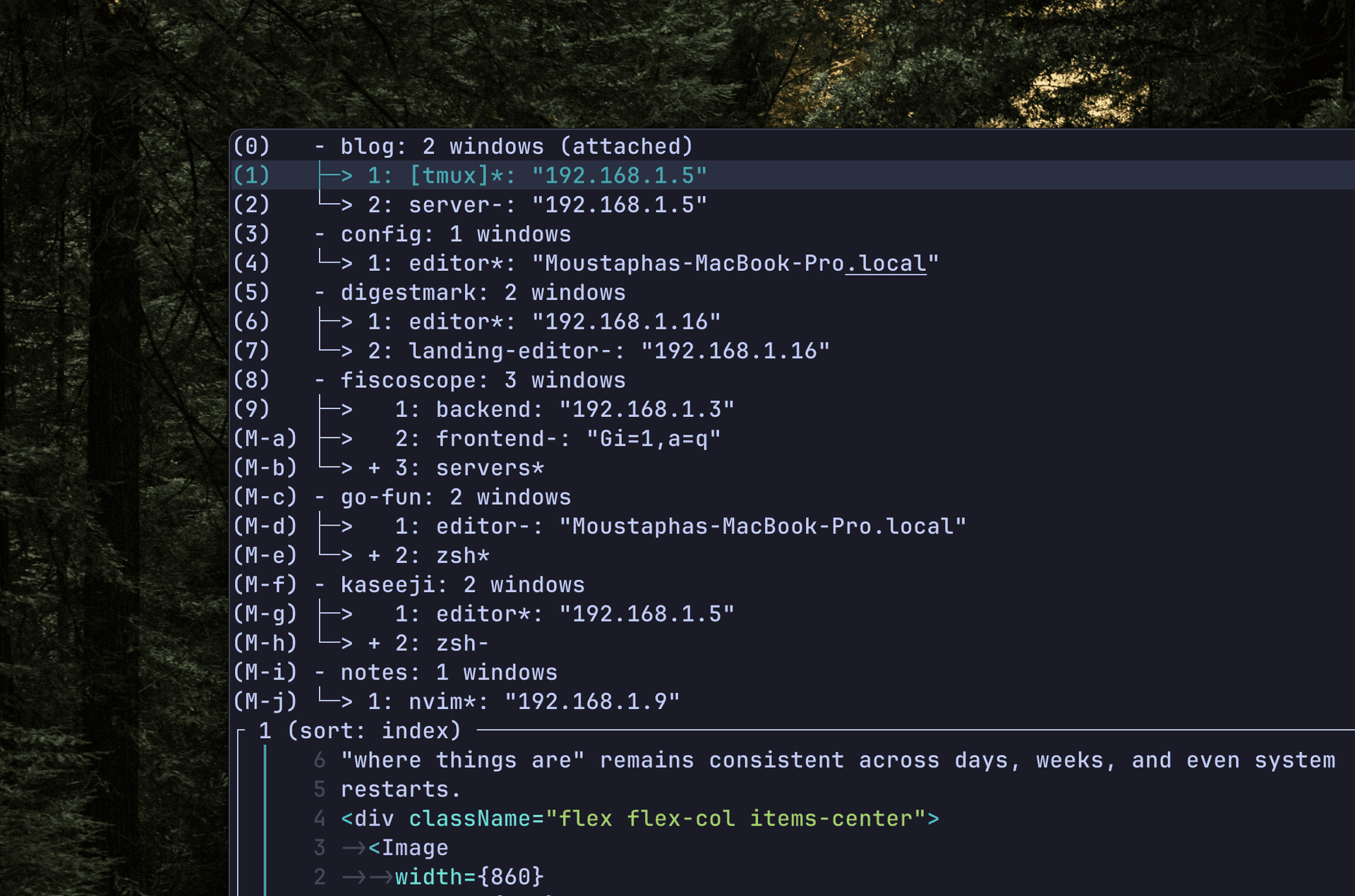 A list of tmux session